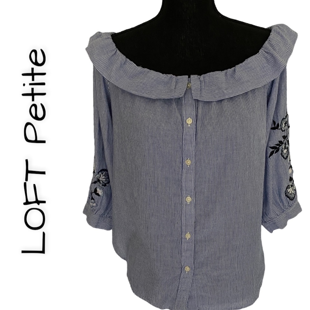 LOFT Petite Blue White Striped Off-Shoulder Embroidered Sleeve Blouse